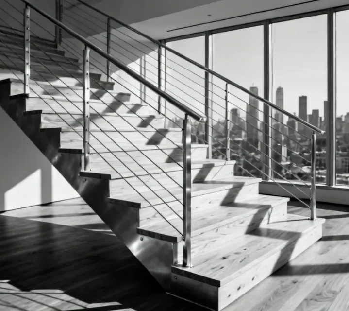 Viewrail floating stair system with cable railing in modern home