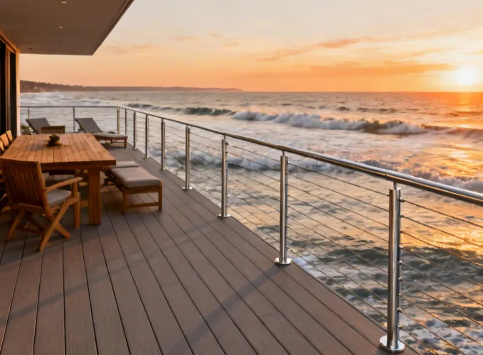 Outdoor deck cable railing with ocean view